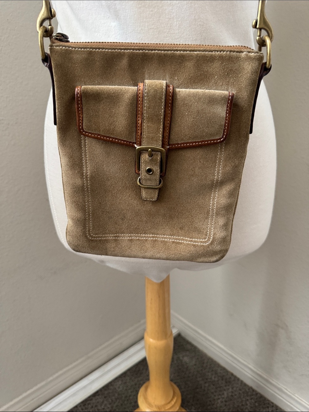 Coach suede with leather trim front pocket crossbody bag